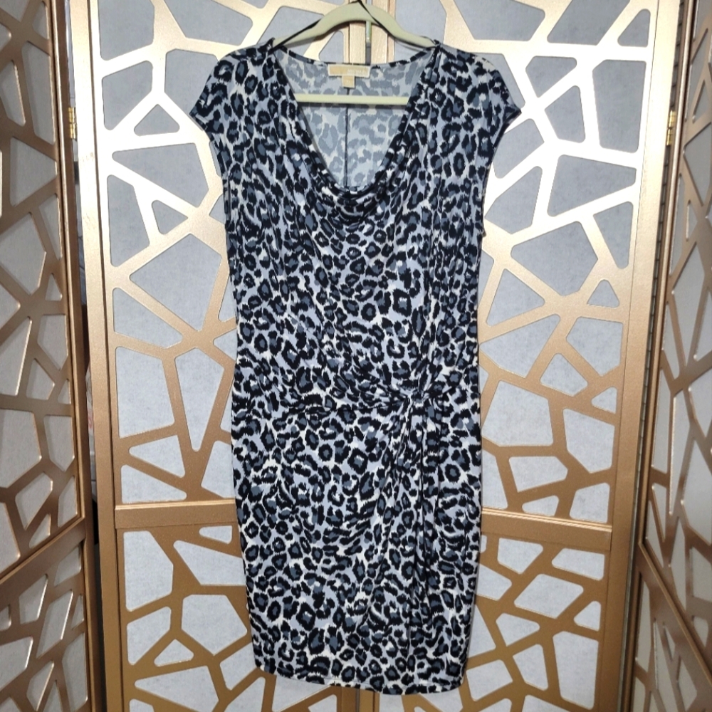 MICHAEL KORS Derby Grey Leopard Print Wiggle Dress